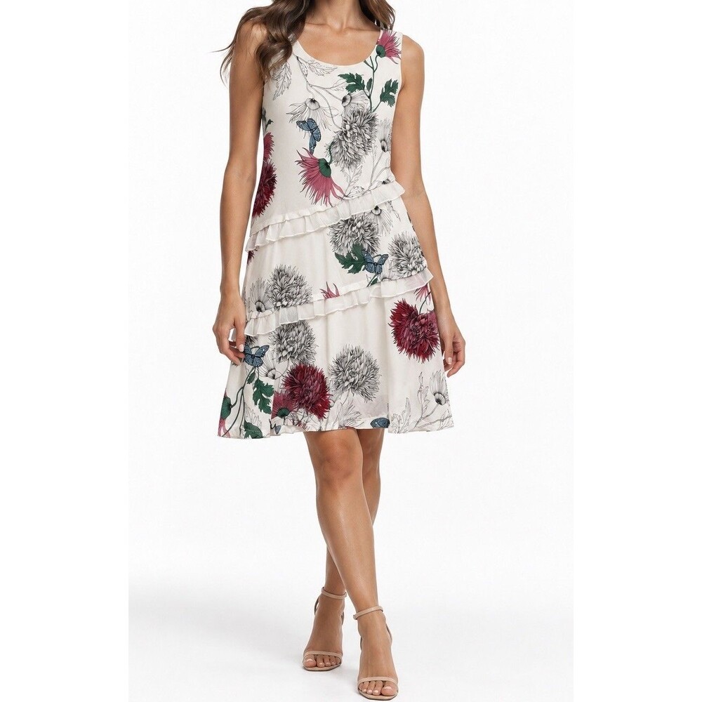 Desigual Women White Floral Asymmetric Ruffle Sleeveless Midi Dress Size M